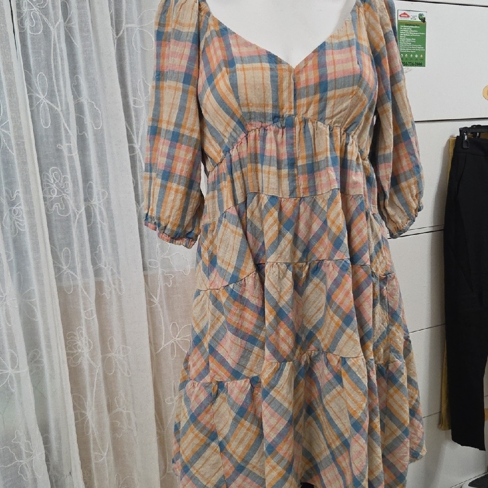 DREW Colorful Plaid Midi Dress Medium Sz [1239]